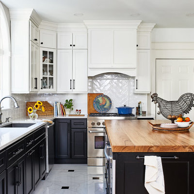 Kitchen - mid-sized cottage u-shaped porcelain tile and multicolored floor kitchen idea in DC Metro with shaker cabinets, quartz countertops, white backsplash, porcelain backsplash, stainless steel appliances, an island, white countertops and an undermount sink
