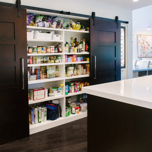 Eat-in kitchen - mid-sized contemporary l-shaped porcelain tile eat-in kitchen idea in Tampa with a farmhouse sink, flat-panel cabinets, dark wood cabinets, quartz countertops, stainless steel appliances and an island