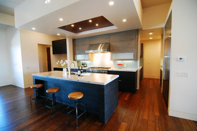 Example of a large trendy single-wall bamboo floor open concept kitchen design in San Luis Obispo with an undermount sink, flat-panel cabinets, quartzite countertops, green backsplash, glass tile backsplash, stainless steel appliances and an island
