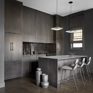 Mid-sized contemporary open concept kitchen appliance - Inspiration for a mid-sized contemporary single-wall dark wood floor open concept kitchen remodel in Chicago with an undermount sink, flat-panel cabinets, dark wood cabinets, quartzite countertops, black backsplash, terra-cotta backsplash, paneled appliances, an island and black countertops