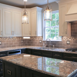 Inspiration for a small traditional l-shaped eat-in kitchen in Burlington with an undermount sink, raised-panel cabinets, beige cabinets, granite benchtops, brown splashback, stainless steel appliances, vinyl floors, with island, brown floor and beige benchtop.