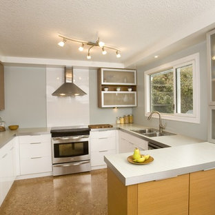 This is an example of a contemporary l-shaped separate kitchen in Other with a double-bowl sink, flat-panel cabinets, light wood cabinets, concrete benchtops, white splashback, glass sheet splashback, stainless steel appliances, cork floors, a peninsula, brown floor and grey benchtop.