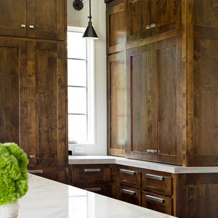 Large transitional kitchen remodeling - Kitchen - large transitional u-shaped dark wood floor kitchen idea in Other with an undermount sink, shaker cabinets, dark wood cabinets, marble countertops, blue backsplash, subway tile backsplash, stainless steel appliances and an island
