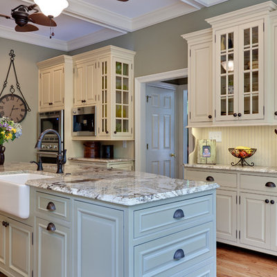 Inspiration for a timeless kitchen remodel in Atlanta with beaded inset cabinets, a farmhouse sink and beige cabinets