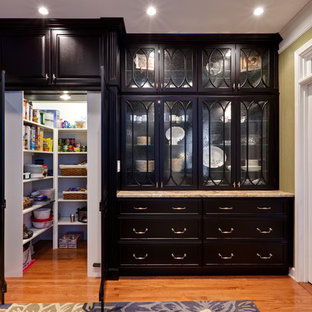 Kitchen pantry - traditional kitchen pantry idea in Atlanta with glass-front cabinets and black cabinets