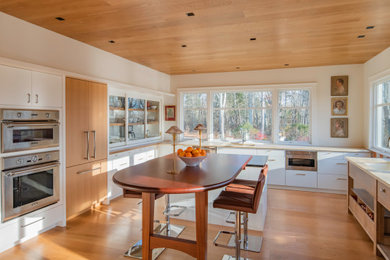 Mid-sized transitional u-shaped light wood floor open concept kitchen photo in Other with an undermount sink, flat-panel cabinets, white cabinets, limestone countertops, stainless steel appliances, an island and beige countertops