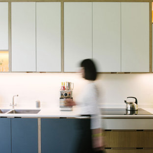 Photo of a scandi l-shaped kitchen in Other with a double-bowl sink, flat-panel cabinets, white cabinets and white worktops.