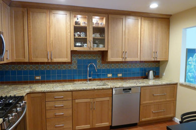 Mid-sized transitional terra-cotta tile eat-in kitchen photo in Los Angeles with an undermount sink, shaker cabinets, light wood cabinets, granite countertops, multicolored backsplash, ceramic backsplash and stainless steel appliances