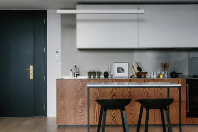 Kleine Moderne Wohnküche in L-Form mit hellbraunen Holzschränken, Edelstahl-Arbeitsplatte, Rückwand aus Zementfliesen und Halbinsel in London