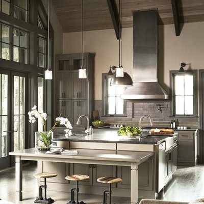 Inspiration for a rustic open concept kitchen remodel in Other with gray cabinets, gray backsplash, shaker cabinets, stainless steel appliances, an island and granite countertops