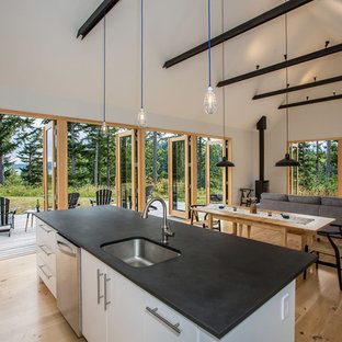 Foto di una cucina ad ambiente unico stile rurale con lavello sottopiano, ante lisce, ante bianche, top in superficie solida, elettrodomestici in acciaio inossidabile, parquet chiaro e isola