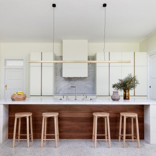 This is an example of a contemporary kitchen in Sydney with a double-bowl sink, flat-panel cabinets, granite benchtops, grey splashback, granite splashback, concrete floors, with island, grey floor and grey benchtop.