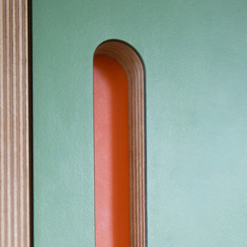 The Hadfields: Walnut Veneer & Green, Orange & Yellow Laminated Plywood Kitchen
