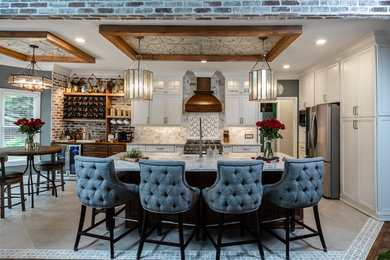 Large elegant l-shaped porcelain tile and beige floor open concept kitchen photo in Atlanta with a farmhouse sink, flat-panel cabinets, white cabinets, marble countertops, multicolored backsplash, marble backsplash, stainless steel appliances, an island and white countertops