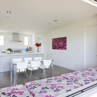 Idées déco pour une cuisine américaine parallèle moderne avec un placard à porte plane, des portes de placard blanches et un électroménager encastrable.