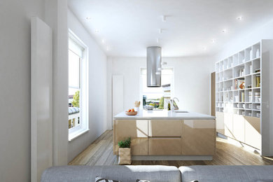 Offene, Mittelgroße Moderne Küche mit offenen Schränken, weißen Schränken und Kücheninsel in Buckinghamshire