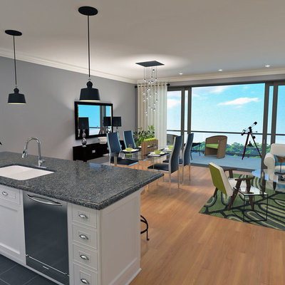 Open concept kitchen - small contemporary u-shaped ceramic tile open concept kitchen idea in New York with an undermount sink, beaded inset cabinets, white cabinets, solid surface countertops, white backsplash, stone tile backsplash, stainless steel appliances and a peninsula