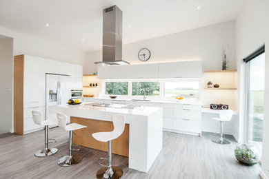 Trendy u-shaped kitchen photo in Other with an undermount sink, flat-panel cabinets, white cabinets and white appliances