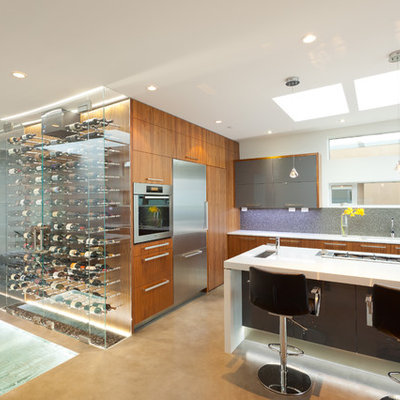 Example of a trendy kitchen design in Vancouver with flat-panel cabinets, gray backsplash and stainless steel appliances