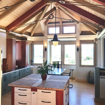 The wood ceiling and htimber rafters create a pattern  and color composition The