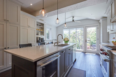 Inspiration for a mid-sized transitional galley dark wood floor and brown floor kitchen pantry remodel in Toronto with an undermount sink, shaker cabinets, gray cabinets, quartz countertops, gray backsplash, stone tile backsplash, stainless steel appliances and an island