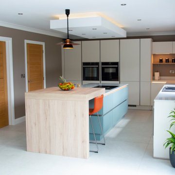 Touch satin Grey and Aqua Handleless Kitchen with Island