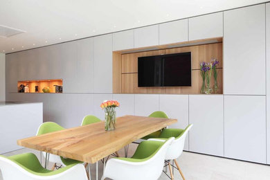 Medium sized contemporary single-wall open plan kitchen in London with flat-panel cabinets and an island.