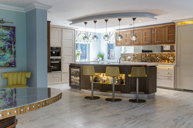 This is an example of a traditional l-shaped kitchen with recessed-panel cabinets, composite countertops, brown splashback, marble splashback, integrated appliances, ceramic flooring, an island, grey floors, medium wood cabinets and white worktops.