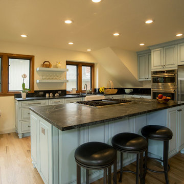 Traditional Blue Cabinets and Large Soapstone Island