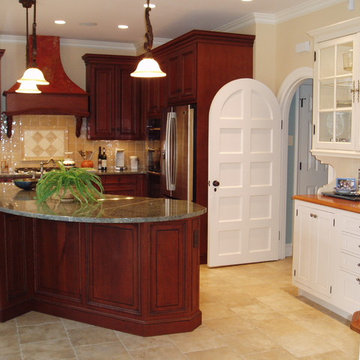 Traditional Cherry  Wood Kitchen With White Hutch