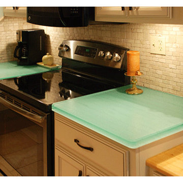 Traditional Galley Kitchen Remodel with Glass & Butcher block Countertop