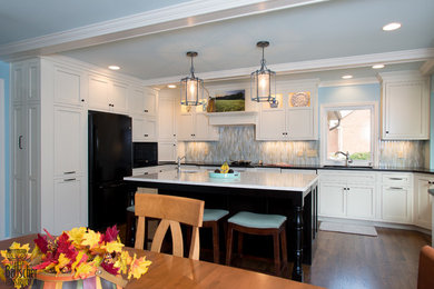 Mid-sized elegant u-shaped dark wood floor and brown floor kitchen pantry photo in Cincinnati with a double-bowl sink, white cabinets, quartzite countertops, blue backsplash, glass tile backsplash, stainless steel appliances, an island and beaded inset cabinets