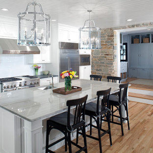 Traditional kitchen appliance - Kitchen - traditional galley light wood floor kitchen idea in Baltimore with an island, an undermount sink, shaker cabinets, white cabinets, white backsplash, subway tile backsplash and stainless steel appliances