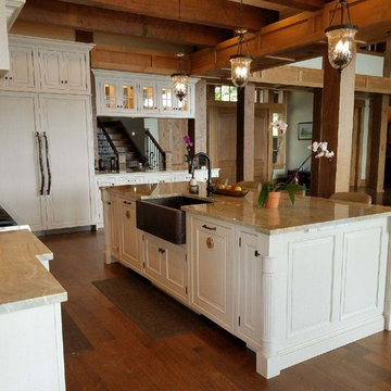Traditional Kitchen with White Cabinets and Hammered Copper Farmhouse Sink