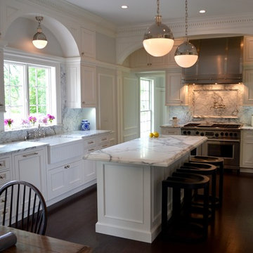 Traditional Kitchen with White Cabinets and Marble Countertops