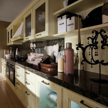 Traditional light wood kitchen with built in china cabinet