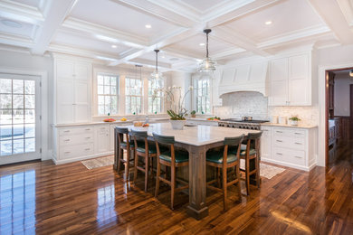 Eat-in kitchen - traditional l-shaped dark wood floor and brown floor eat-in kitchen idea in Boston with a farmhouse sink, recessed-panel cabinets, white cabinets, quartzite countertops, gray backsplash, mosaic tile backsplash, stainless steel appliances and an island