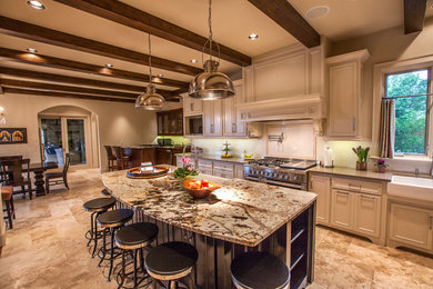 Inspiration for a large timeless l-shaped ceramic tile eat-in kitchen remodel in Oklahoma City with a farmhouse sink, recessed-panel cabinets, white cabinets, quartz countertops, white backsplash, subway tile backsplash, paneled appliances and an island