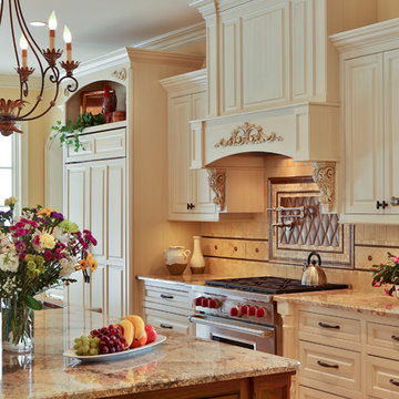 Traditional White Kitchen with Cherry Island
