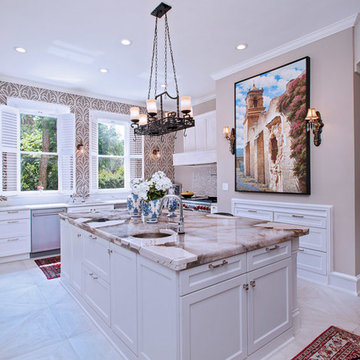 Traditional White Kitchen with Dual Refrigerator and Island Sink