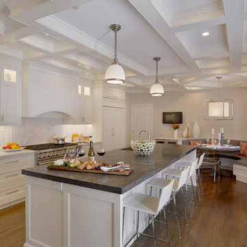Traditional White Kitchen with Entry way and Family Room