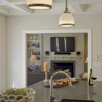 Traditional White Kitchen with Entry way and Family Room