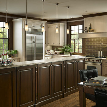 Traditional White Kitchen with Large Brown Island