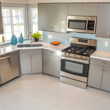Transitional blue and gray kitchen