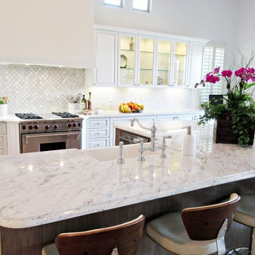 Transitional - Carreara Marble Island,  Glass Cabinet Doors, Chrome- Wood Chairs