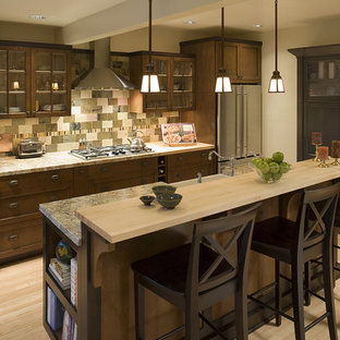 Inspiration for a traditional galley kitchen in Portland with glass-front cabinets, stainless steel appliances, granite benchtops, dark wood cabinets and multi-coloured splashback.