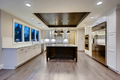 ボルチモアにある広いトランジショナルスタイルのおしゃれなキッチン (シェーカースタイル扉のキャビネット、白いキャビネット、シルバーの調理設備、シングルシンク、大理石カウンター、白いキッチンパネル) の写真