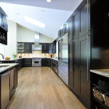 Transitional Dark Wood Cabinetry Kitchen with Beverage Center