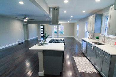 Example of a transitional single-wall dark wood floor open concept kitchen design in Dallas with an undermount sink, shaker cabinets, gray cabinets, quartz countertops, white backsplash, mosaic tile backsplash, stainless steel appliances and an island