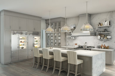 Large transitional u-shaped light wood floor eat-in kitchen photo in Dallas with shaker cabinets, gray cabinets, marble countertops, gray backsplash, stone tile backsplash, stainless steel appliances and an island